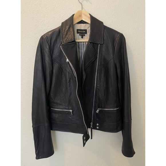 Massimo Dutti Leather Asymmetrical Zip Moto Biker Jacket Navy Women's Size M - Picture 2 of 12